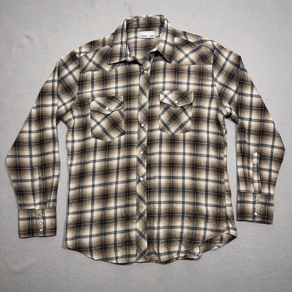Wrangler Western Shirt Mens Large Brown Plaid Pearl‎ Snap Long Sleeve Flannel - Picture 1 of 12